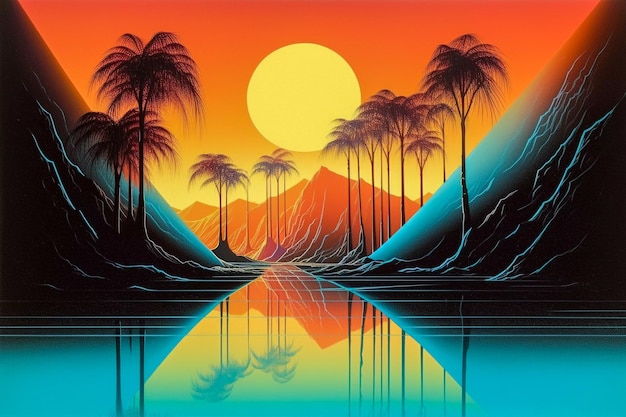 Majestueuze oase landschap poster stijl vintage illustratie jaren '80 vibes AI gegenereerd