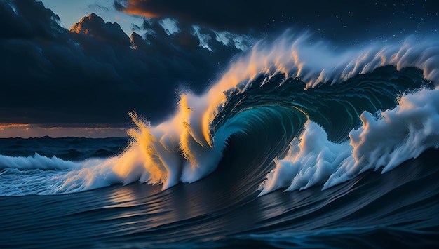 Majestueuze oceaansymfonie diepblauwe lucht en levendige zeegolven in rood en blauw