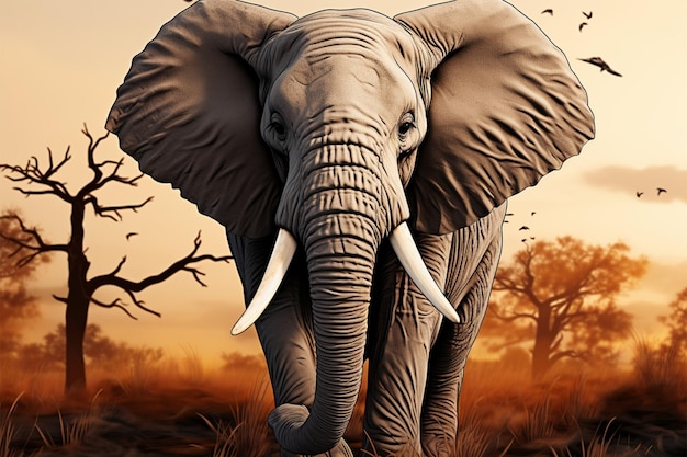 Majestueuze olifant te midden van grasland, omlijst door verre bosluifel