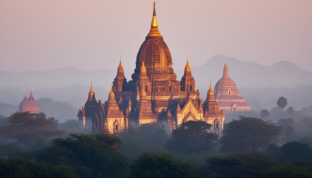 Majestueuze pagode bij schemering spiritualiteit in het oude Myanmar gegenereerd door AI
