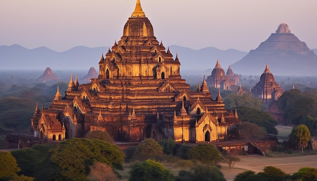 Majestueuze pagode in de schemering spiritualiteit in oude architectuur gegenereerd door AI