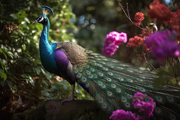 Majestueuze pauw met schitterend verenkleed in een kleurrijke tuin generatieve IA