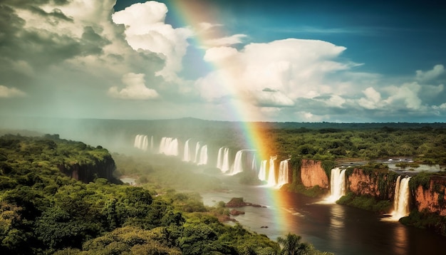 Majestueuze regenboog valt over tropisch regenwoud landschap gegenereerd door AI