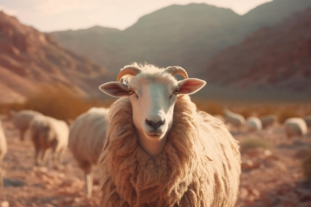 Majestueuze schapen sieren de dorre schoonheid van de woestijn