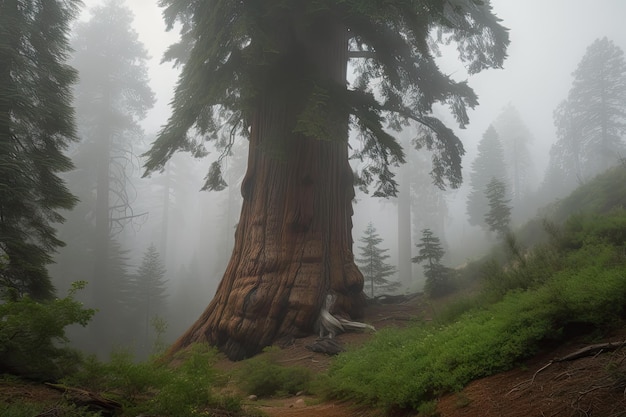 Majestueuze sequoia omringd door mistige mist in de ochtend