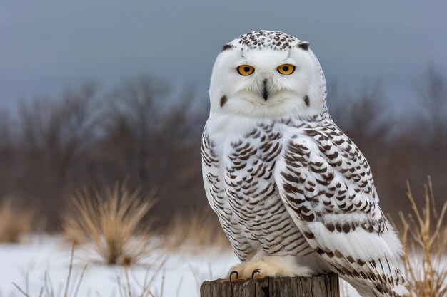 Majestueuze sneeuwuil die in een winterlandschap zit