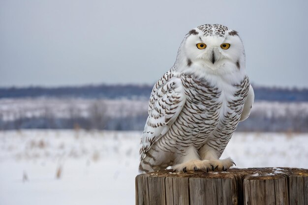 Majestueuze sneeuwuil die in een winterlandschap zit