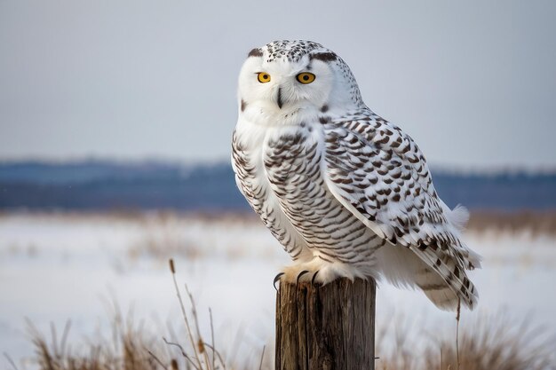 Majestueuze sneeuwuil die in een winterlandschap zit