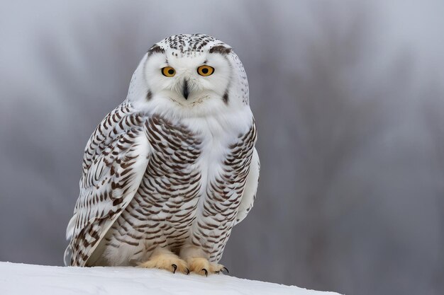 Majestueuze sneeuwuil die in een winterlandschap zit