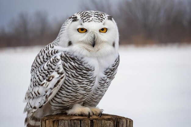 Majestueuze sneeuwuil die in een winterlandschap zit