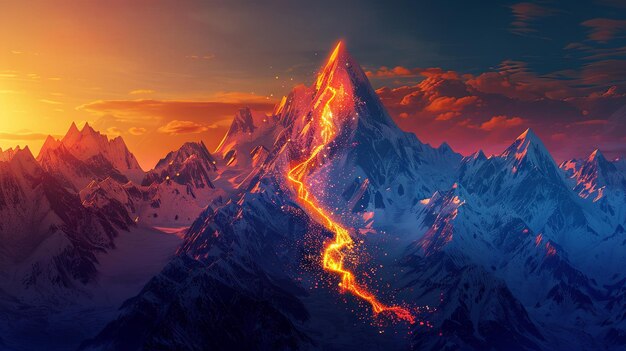 Majestueuze uitbarstende vulkaan te midden van besneeuwde bergen bij zonsondergang