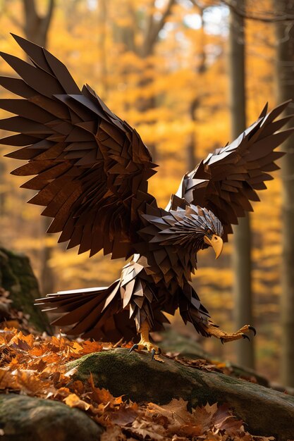 Majestueuze vleugels Een houten adelaar in vlucht