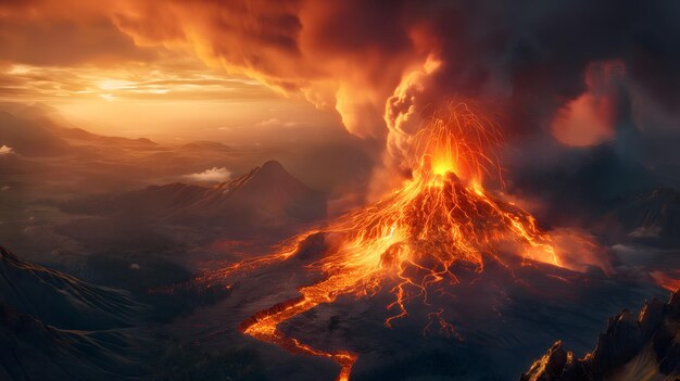 Majestueuze vulkaanuitbarsting bij zonsondergang