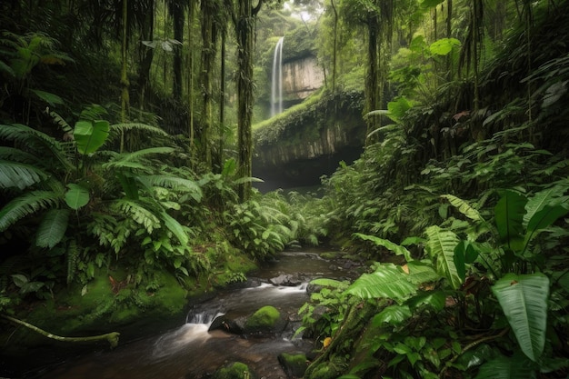 Majestueuze waterval die over een weelderig oerwoudlandschap stroomt, gecreëerd met generatieve AI