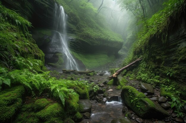 Majestueuze waterval die overgaat in een diep en mistig ravijn gecreëerd met generatieve AI