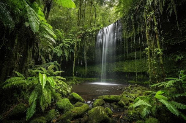 Majestueuze waterval die overgaat in een weelderig regenwoud gecreëerd met generatieve AI