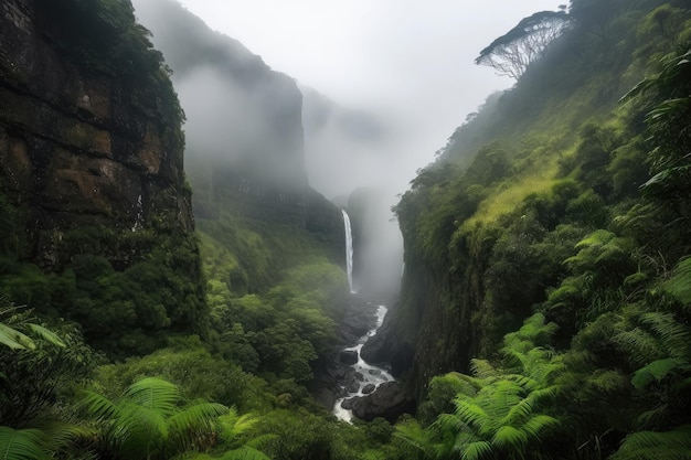 Majestueuze waterval met uitzicht op het bos omgeven door mist gemaakt met generatieve AI