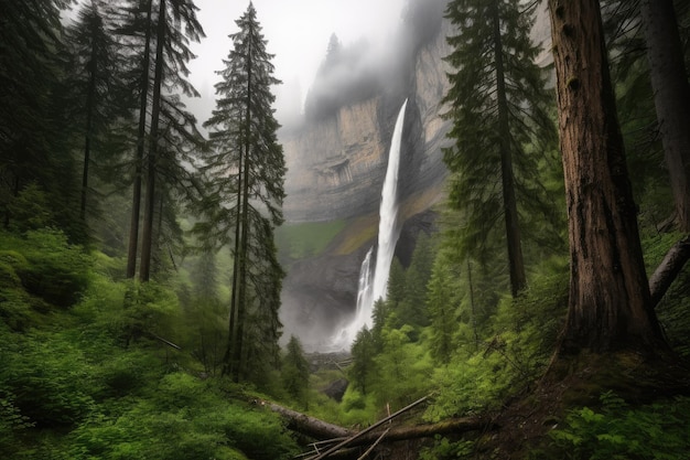 Majestueuze waterval omringd door torenhoge bomen en mistige wolken gemaakt met generatieve AI