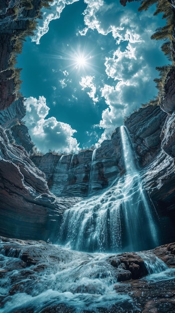 Majestueuze waterval te midden van de rivier omgeven door bewolkte hemel