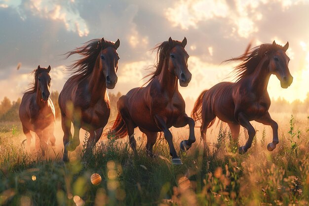 Majestueuze wilde paarden die door een weide rennen.
