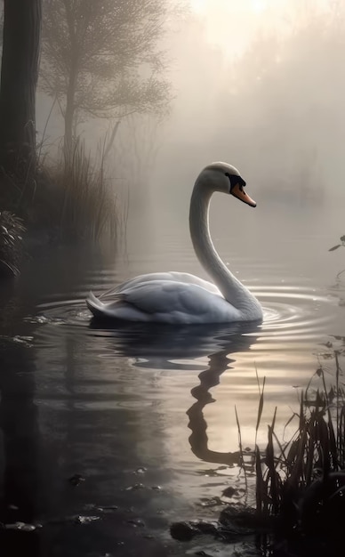 Majestueuze witte zwaan die in mistige wateren zwemt Perfect voor NatureThemed-uitnodigingen Generatieve AI