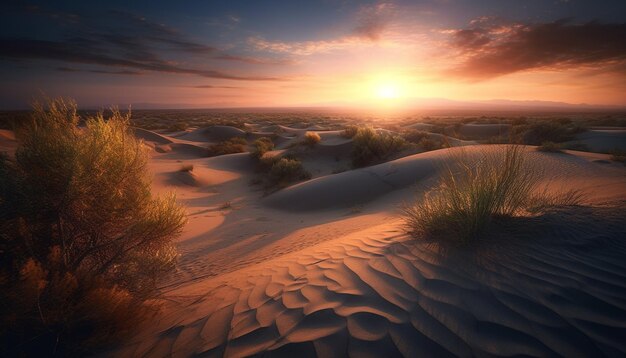 Foto majestueuze zandduinen rimpelen in het dorre klimaat bij zonsondergang, gegenereerd door ai