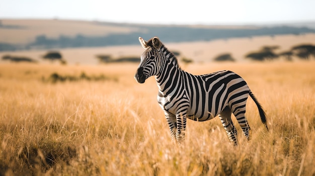 Majestueuze zebra staat in gouden savannevelden tijdens zonsondergang opvallende wildlife fotografie ideaal voor natuurgebaseerde ontwerpen AI