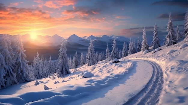 Majestueuze zonsopgang in het landschap van de winterbergen