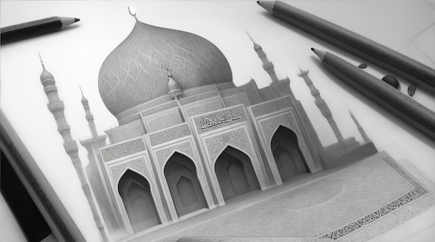 Photo the majesty of islamic art through pencil sketch generative ai