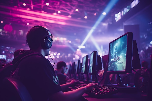 Major esports event team of professional gamers playing in offline gaming tournament on stadium