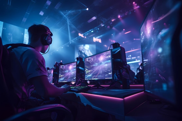 Major esports event team of professional gamers playing in offline gaming tournament on stadium