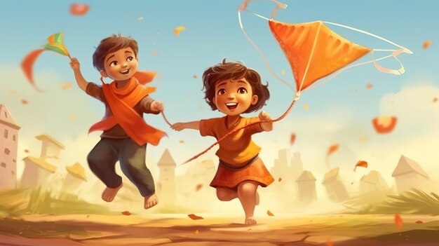 Photo makar sakranti kids flying kite generative ai