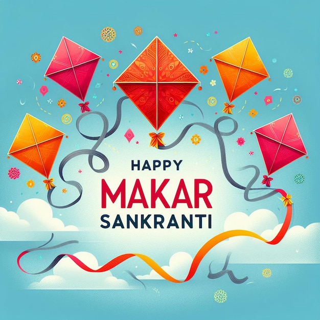 마카르 산크란티 축하 카드 마카르 사크란티에 날아다니는 Kites