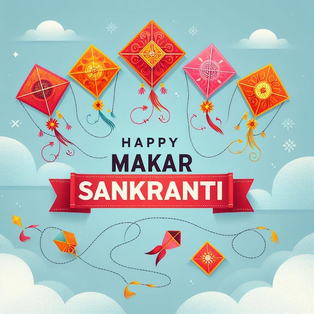 Photo makar sankranti greeting card flying kites on makar sankranti