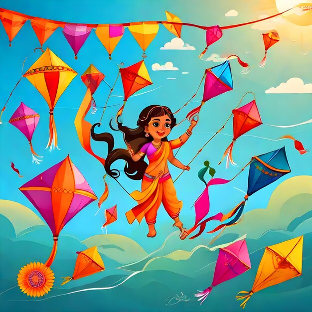 Photo makar sankranti kites cartoon illustration image stock photo colorful image ai generate