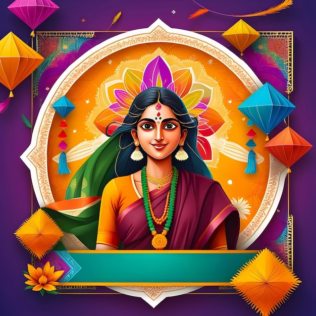 Makar Sankranti social media illustration post mockup design with a beautiful lady