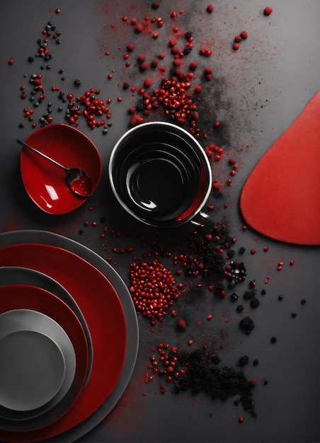 make an abstract image with a culinary theme in gray black and red tones