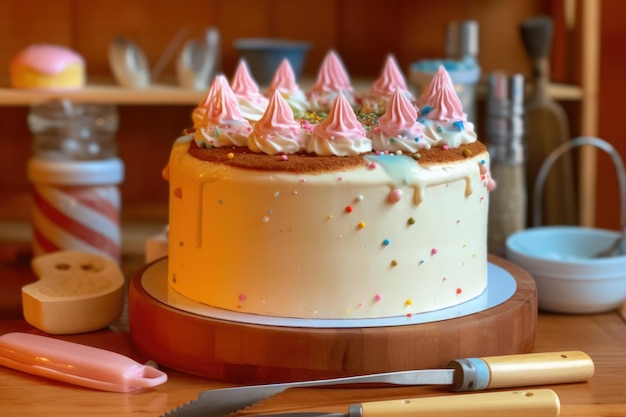 부엌에서 생일 케이크를 만들고 음식 사진을 찍습니다.