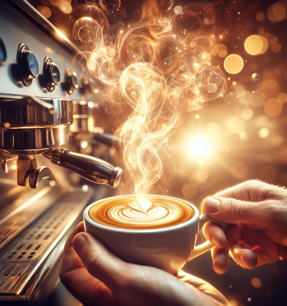 Photo make latte art golden cappuccino at bar expert barista splashing cream fantasy illustration render