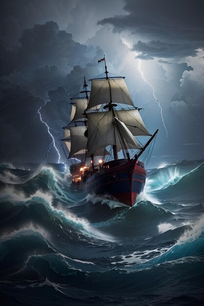 Make me a mysterious ship floating in raging waves