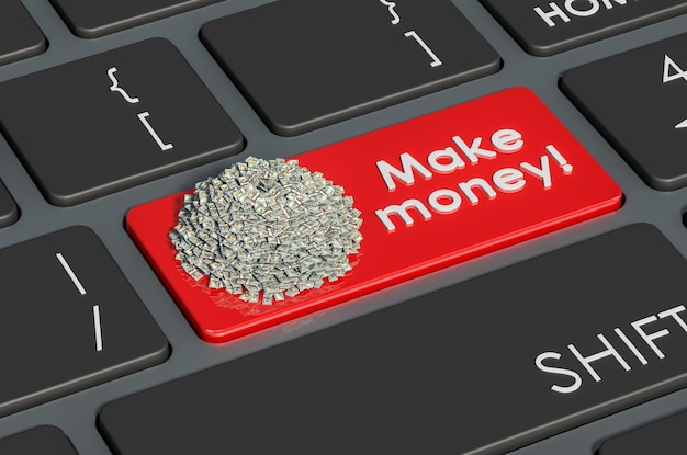 Make Money red keyboard button with dollar packs 3D rendering