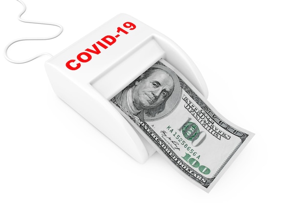COVID-19 개념으로 돈을 버십시오. 흰색 바탕에 달러 지폐가 있는 머니 메이커 COVID-19 기계. 3d 렌더링