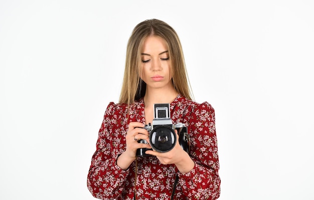 Make money on your creativity. Sell your photos. Turn Your Creativity Into Career. Skilled photographer. Girl take photo with retro camera. Technology concept. Woman work with camera. Camera settings.