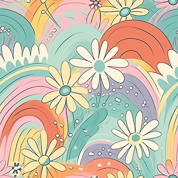 Make a odd and strong solid organize with pastel rainbow colors highlighting hypothetical daisy makes and unessential doodle rainbows Seamless pattern AI Generated