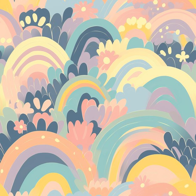 Make a odd and strong solid organize with pastel rainbow colors highlighting hypothetical daisy makes and unessential doodle rainbows Seamless pattern AI Generated