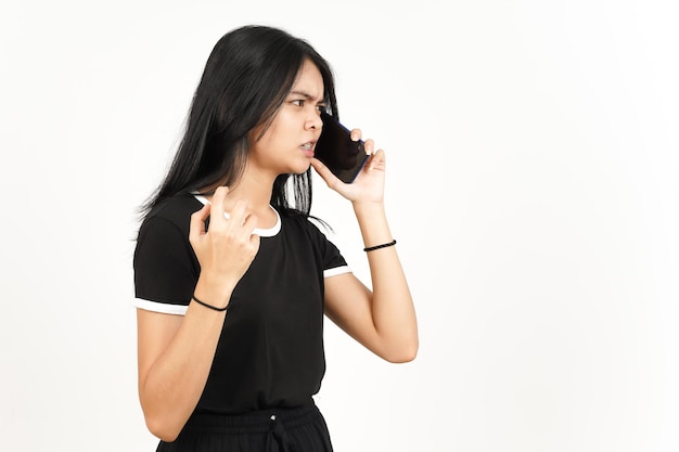 Make a Phone Call Using smartphone with angry face Of Beautiful Asian Woman Isolated On White