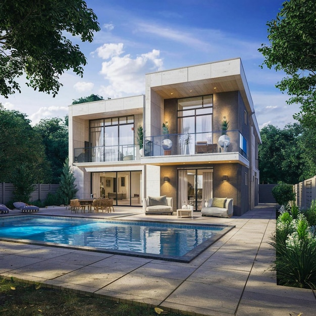 make a realistic 3d model of residential building newly constructed modern home of modern cozy hous