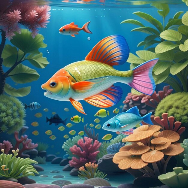 Make A realistic Colourful fish swimming gracefully in the tranquil underwater garden photo realist