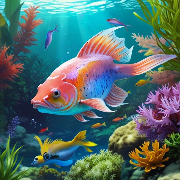 Make A realistic Colourful fish swimming gracefully in the tranquil underwater garden photo realist