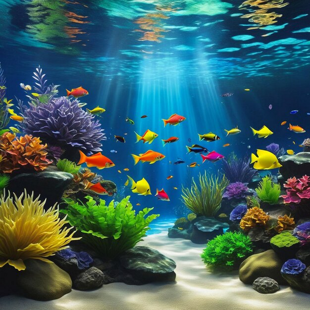 Make A realistic Colourful fish swimming gracefully in the tranquil underwater garden photo realist